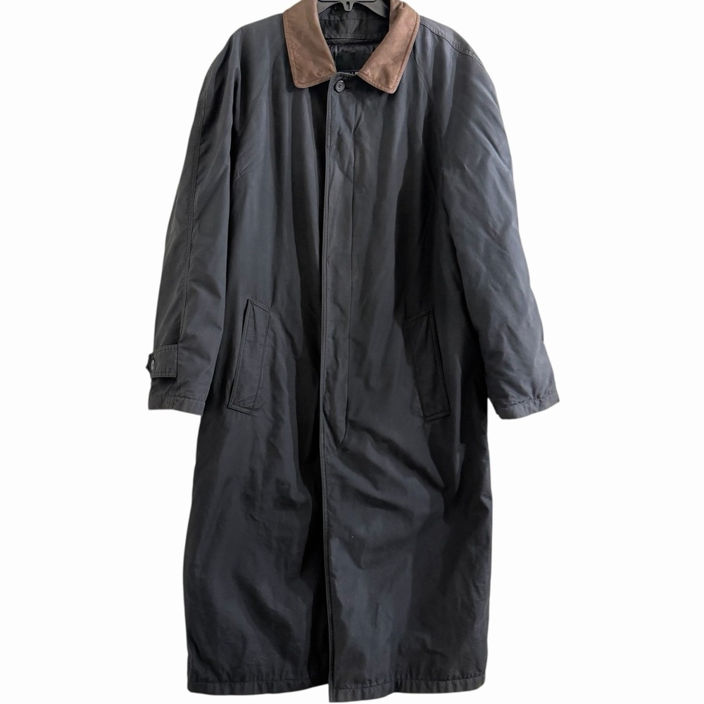 Bill Blass Mens 40L Black‎ Long Car Coat Removable Plaid Liner Overcoat *Flaws*